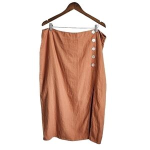 Boho linen blend pecan brown midi button detail skirt nwt XL